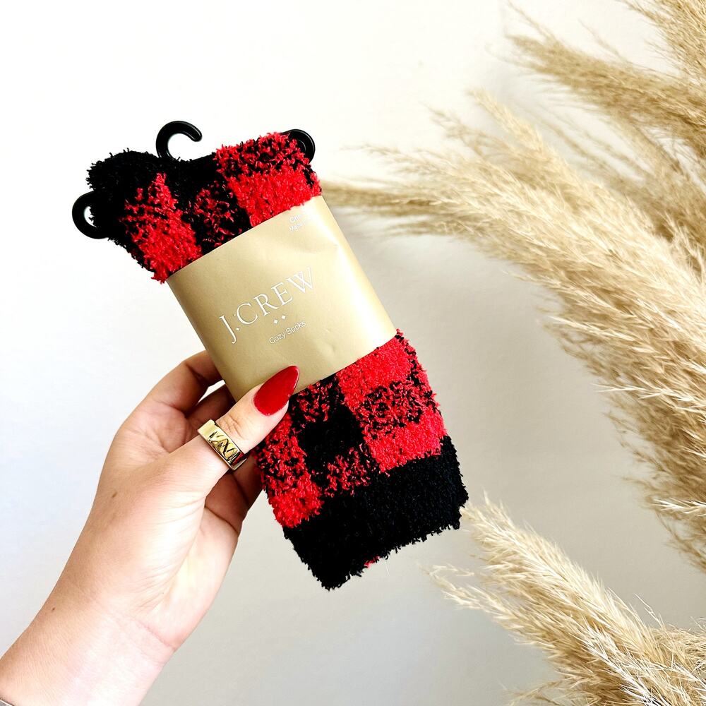 NEW J CREW Red Black Tartan Plaid Print Fuzzy Cozy Chunky Knit Socks Unisex